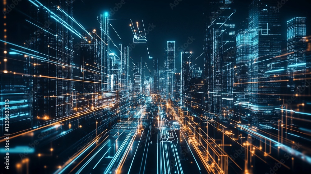 Poster futuristic cityscape with dynamic data streams illuminating the digital architecture