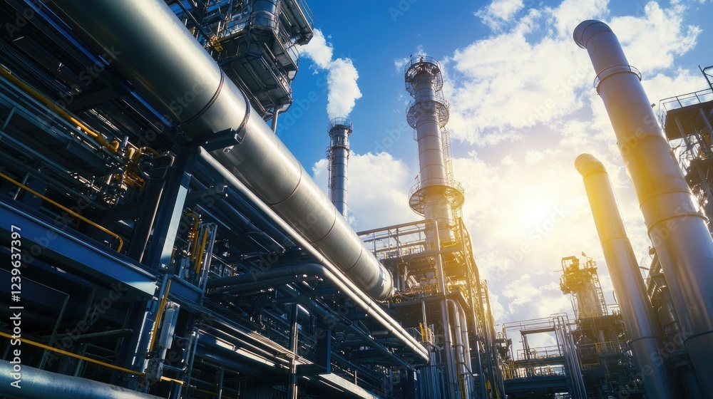 Poster a detailed industrial pipeline system with bold technical features and striking colors, set in a hig
