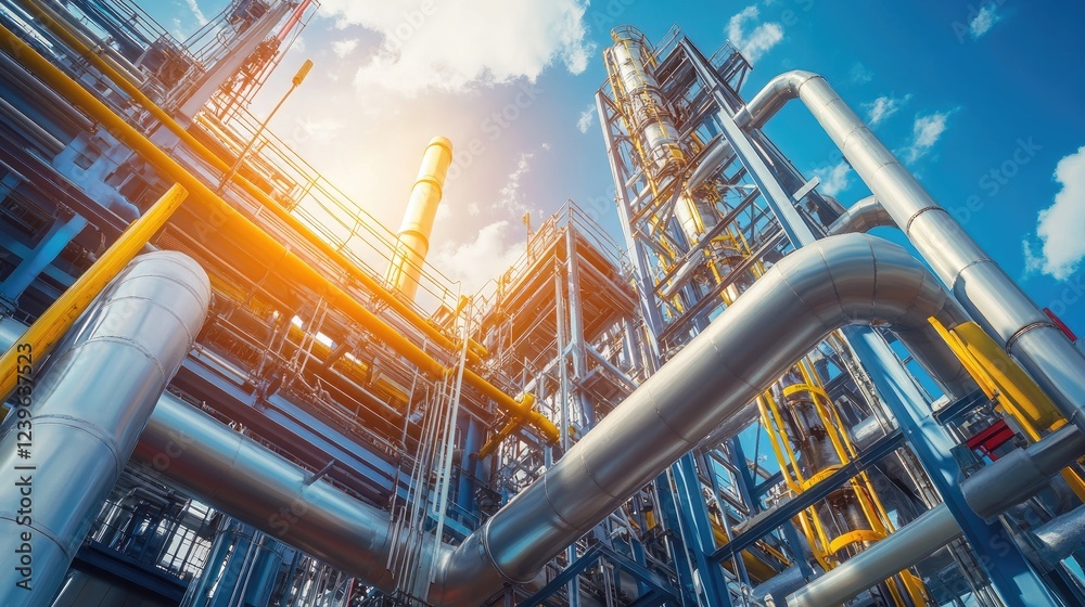 Poster A detailed industrial pipeline system with bold technical features and striking colors, set in a high-tech environment under a sunny sky, symbolizing innovation.
