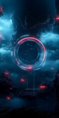 Futuristic neon ring portal floating in a dark stormy sky with glowing red accents. Sci-fi landscape with mysterious circular gateway amid dramatic clouds.