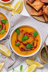 Traditional Turkish Vegan Red Lentil   veggy soup .style rustic