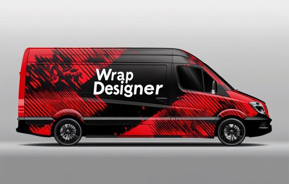 Edgy vector-style van wrap design concept with a red and black color theme, for a car company 