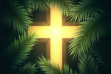 Palm leaves arranged around a glowing cross, with subtle rays of light radiating outward