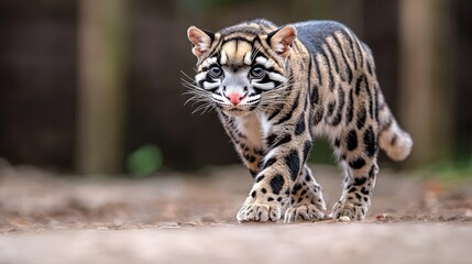 Clouded leopard cub walks towards camera, forest background, wildlife photography