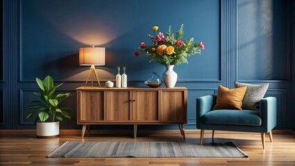 Cozy Blue Living Room with Cabinet and Flower Vase