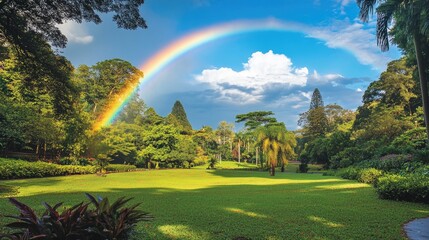 Naklejka premium A full arc of a rainbow lights up the sky above a tranquil park, bringing nature brilliance into full focus amidst the greenery.