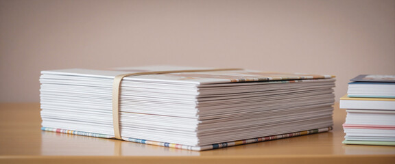 Stack of wedding brochures bound with a rubber band, conveying excitement and anticipation for upcoming events, placed on a wooden table with a soft background