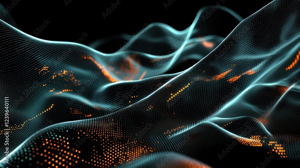 Poster abstract dynamic waves of data with glowing particles and fluid movement