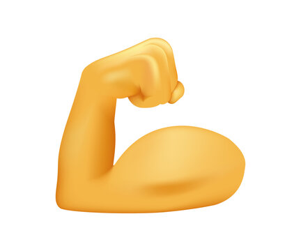 Biceps 3d isolated emoji gesture illustration. Flexed biceps icon in 3d style. Muscle arm isolated on white background. Fit and strong muscular, bodybuilding. Strong emoji