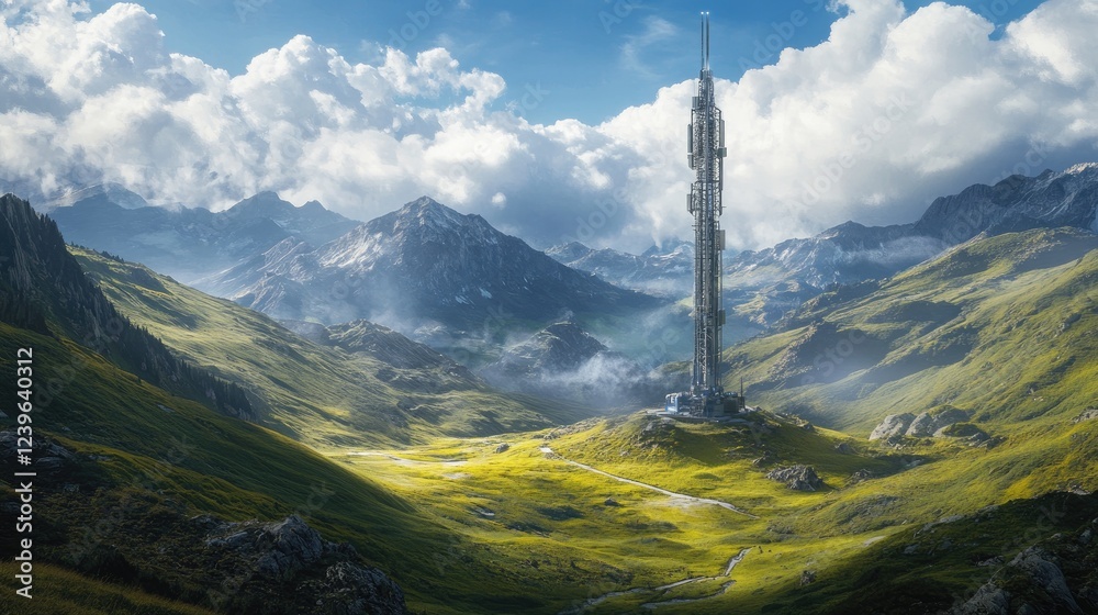 Aufkleber a futuristic telecom tower set in the center of a green valley, under a crisp blue sky, representing