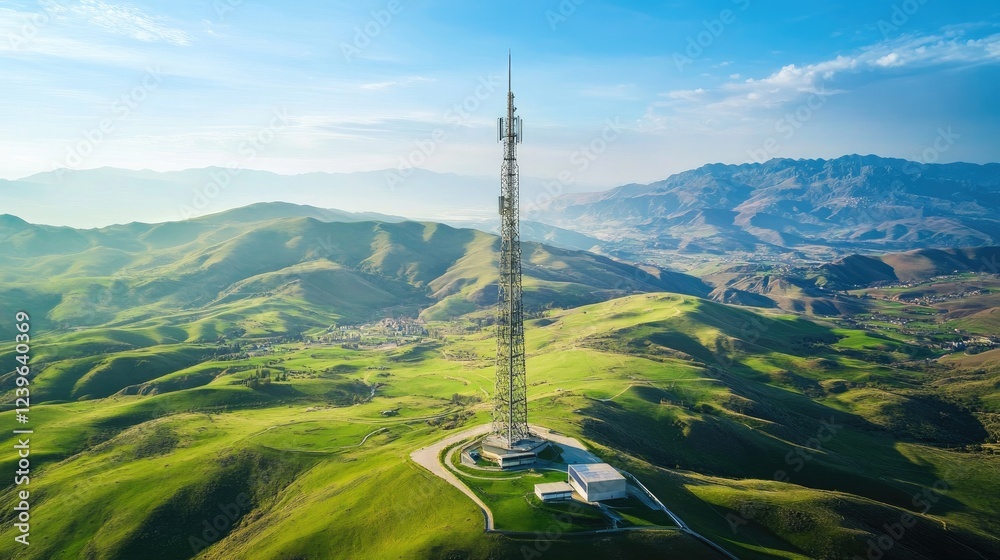 Aufkleber a futuristic telecom tower set in the center of a green valley, under a crisp blue sky, representing
