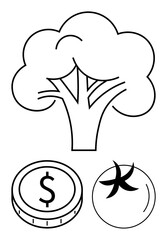 Tree with detailed branches over coin embossed with dollar sign and Pisces emblem. Ideal for sustainability, finance, growth, balance, nature, astrology, abstract line flat metaphor