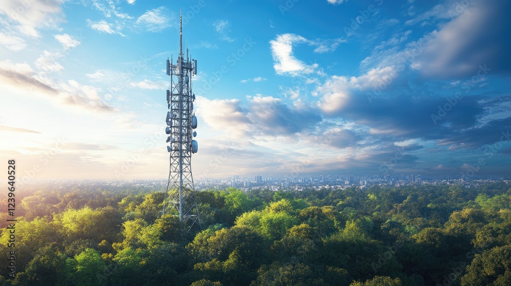 Aufkleber a futuristic telecom tower stands tall, framed by rich green trees and an expansive sky, embodying t