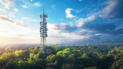 Obraz premium A futuristic telecom tower stands tall, framed by rich green trees and an expansive sky, embodying the union of cutting-edge technology and nature vitality.