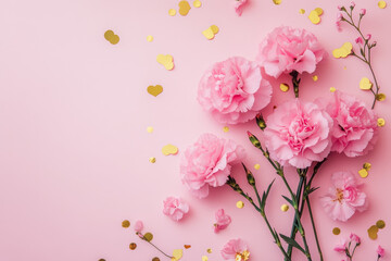 Pink carnations and golden confetti on pastel background for celebrations, invitations, and floral design