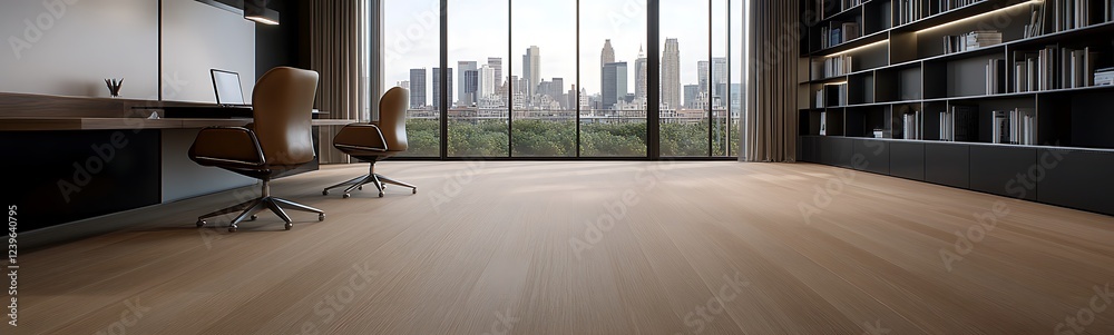 Poster high-end office space featuring rich caramel tones and modern design elements in a professional sett
