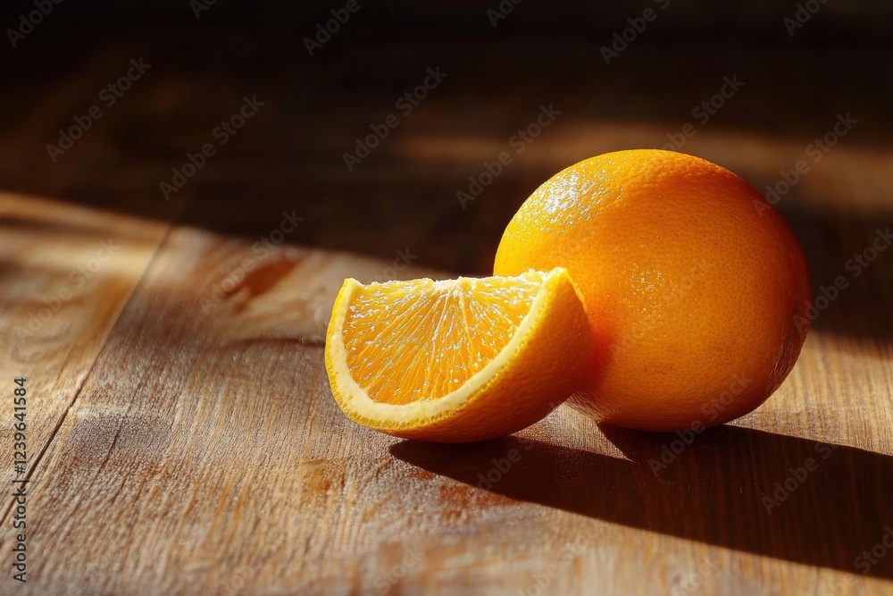 Aufkleber sliced orange and whole orange resting on wooden surface with soft light illuminating the fruit. gen