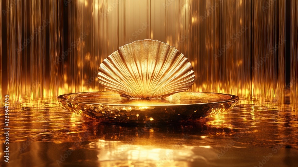 Poster a gold podium with a shell motif, surrounded by golden light reflections, creating an opulent and et