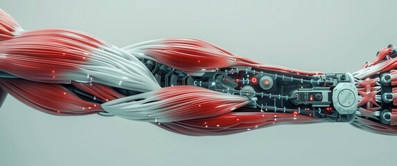 Futuristic arm. Bio-mechanical muscle fusion. Cybernetic enhancement detailed fiber integration.  Medical concept. Blurred futuristic design.