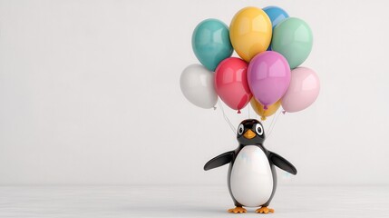 Obraz premium Cute Penguin Holding Colorful Balloons in Bright Space Background