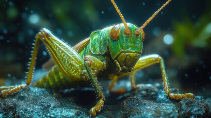 Fototapeta premium Close-up of a vibrant green grasshopper in nature