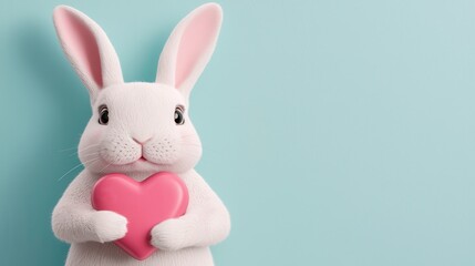 Obraz premium Cute White Bunny Holding Pink Heart on Light Blue Background