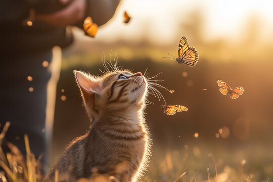 A kitten chasing butterflies in a garden while its owner is in the background, colorful and funny scene, sharp focus on the cat and butterflies. National Pet Day.