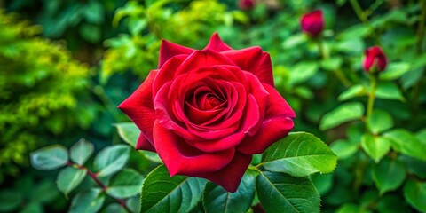 Fototapeta premium A Crimson Rose in Bloom: A vibrant red rose, velvety petals unfurling in a lush green garden, symbolizes passion, love, and beauty. 