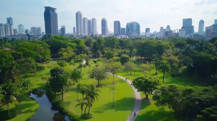 Obraz premium Lush green city park with paths and skyline in the background from above