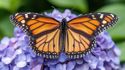 Obraz premium Monarch butterfly perched on vibrant purple flowers in garden