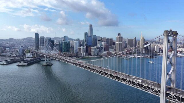 San Francisco - Aerial Approach of Downtown SF Over the Bay Bridge on Sunny Day