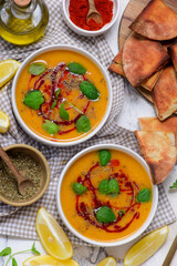 Traditional Turkish Vegan Red Lentil   veggy soup .style rustic