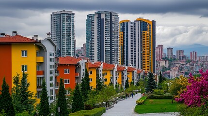 Fototapeta premium Colorful houses, modern towers, park path, city background. Real estate, urban development