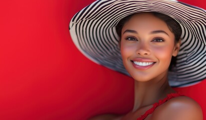 A joyful young woman on a sun-soaked summer day, wearing a stylish wide-brimmed hat, radiates happiness against a vibrant red backdrop, embodying the essence of summer vacations and carefree moments.