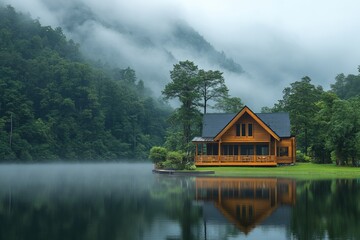 Fototapeta premium Lakeside cottage with morning fog