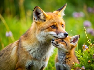 Fototapeta premium Cuddling Fox Cubs in Spring Nature's Embrace