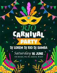 Rio Brazilian Carnival Poster with colorful Mask and decorative element