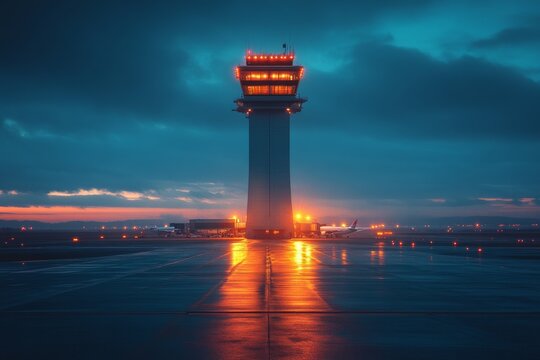 Modern airport control tower at night