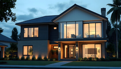 Modern house exterior evening view with interior lighting.3d rendering , with white tonespng