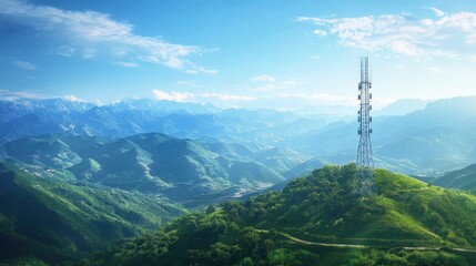 Obraz premium A high-speed telecom tower in the center of a lush green valley under a clear blue sky, showcasing the seamless integration of advanced technology within nature.