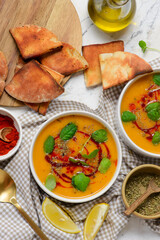 Traditional Turkish Vegan Red Lentil   veggy soup .style rustic