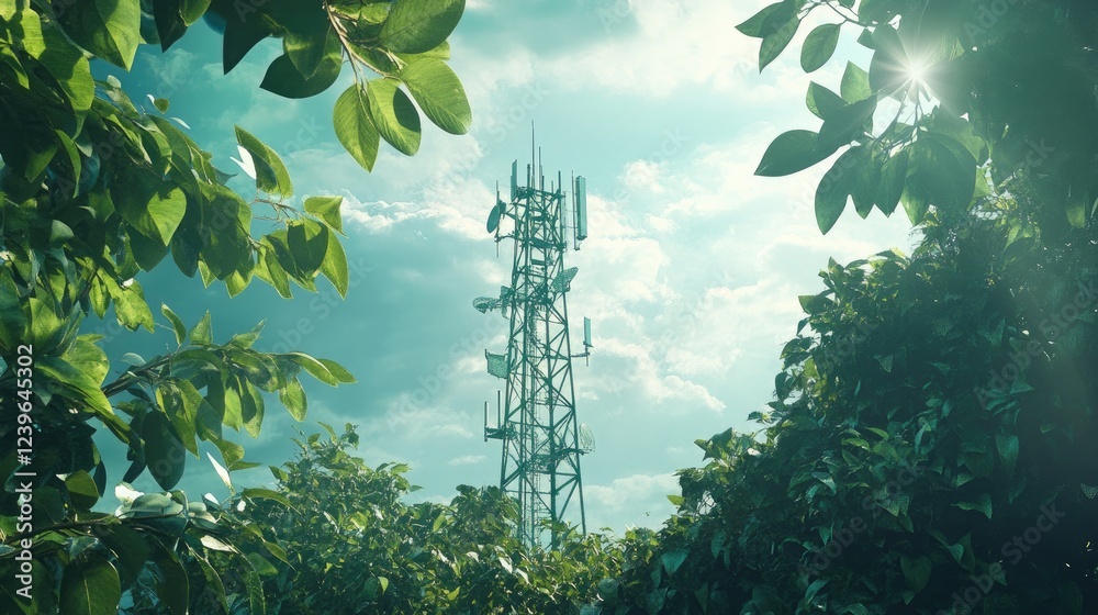 Aufkleber a high-tech telecom tower framed by lush greenery under an ever-changing sky, reflecting the fusion 