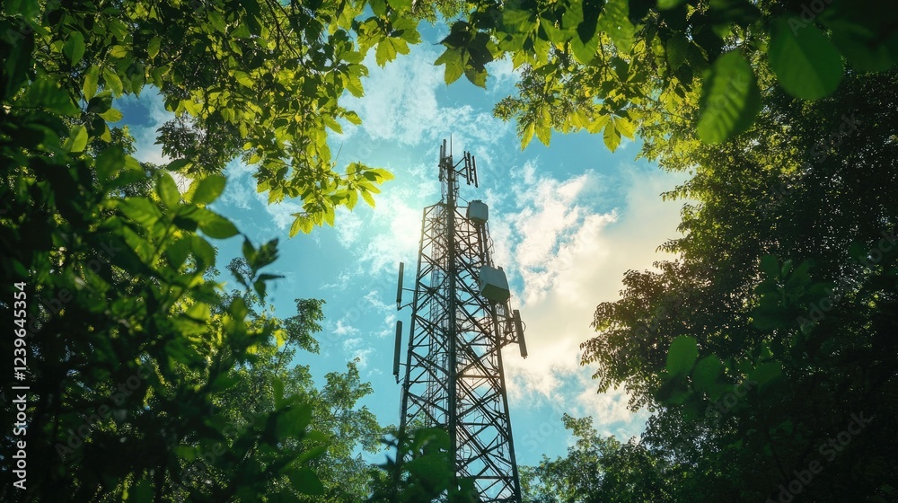 Aufkleber a high-tech telecom tower framed by lush greenery under an ever-changing sky, reflecting the fusion 
