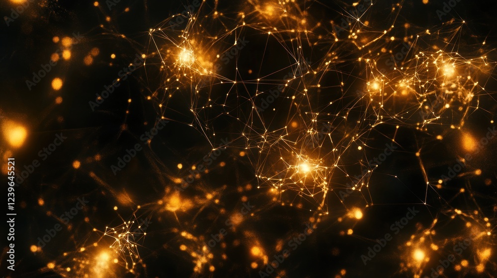 Poster abstract golden network connecting dots on dark background digital rendering