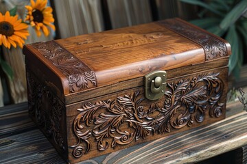Handcrafted wooden box. Intricate leather accents. Delicate embossing.  Natural wood grain.  Elegant carved details.  Beautiful craftsmanship.