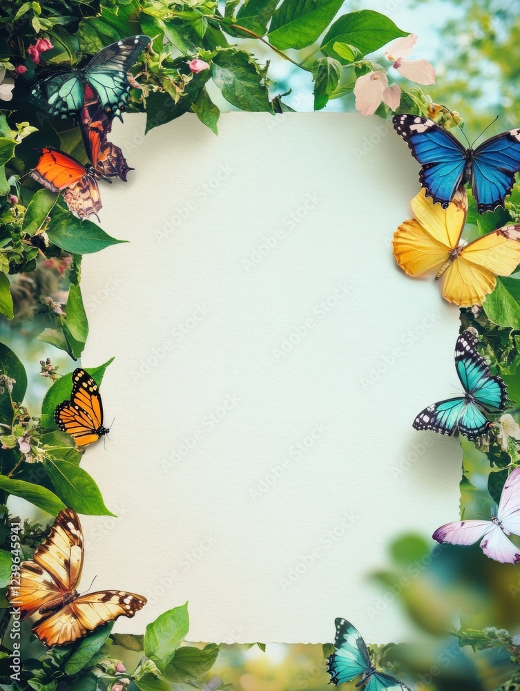 Aufkleber colorful butterflies surrounded by lush green leaves create a vibrant natural frame for a blank canv
