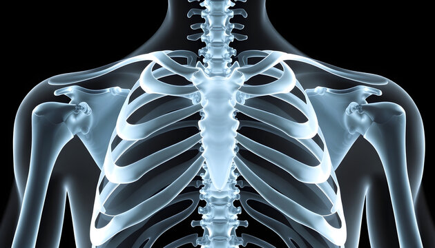 Sternum or breastbone and manubrium bones x-ray. Osteology of the human skeleton 3D rendering illustration. Anatomy, medical, science, biology, healthcare concepts , with white tonespn