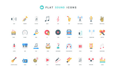 Sound and voice record, music, audio equipment, headphones and wireless digital devices color icon set. Guitar and treble clef, smart speaker and microphone, radio flat elements vector illustration