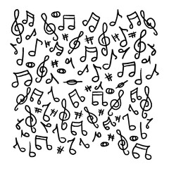 Music notes seamless pattern backdrop, Music note background with doodle style drawing