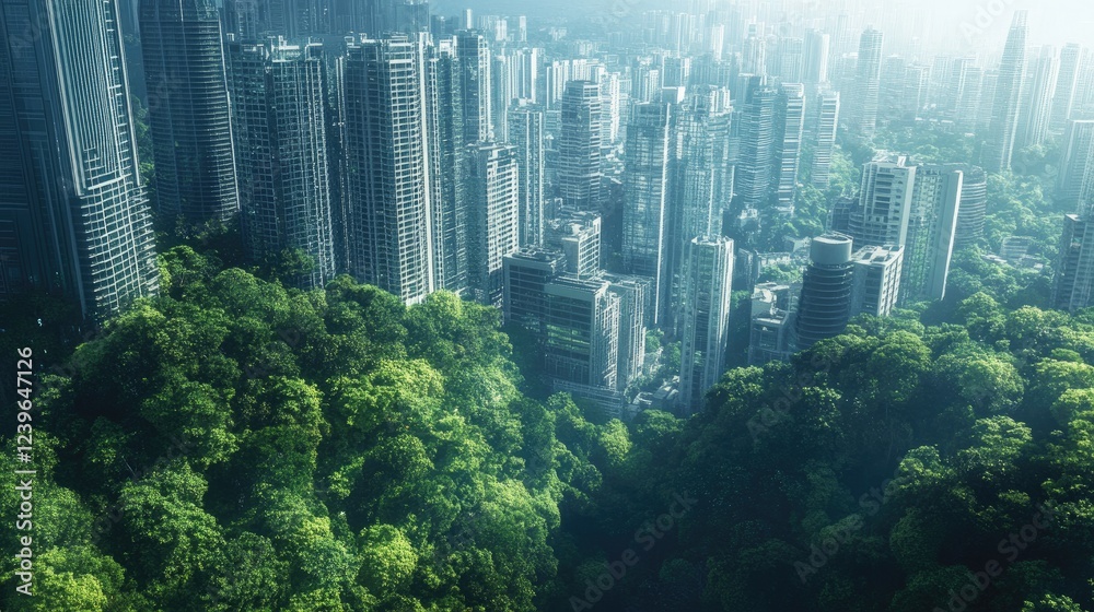 Poster a lush forest gradually merging into an expanding urban landscape, symbolizing the harmonious growth